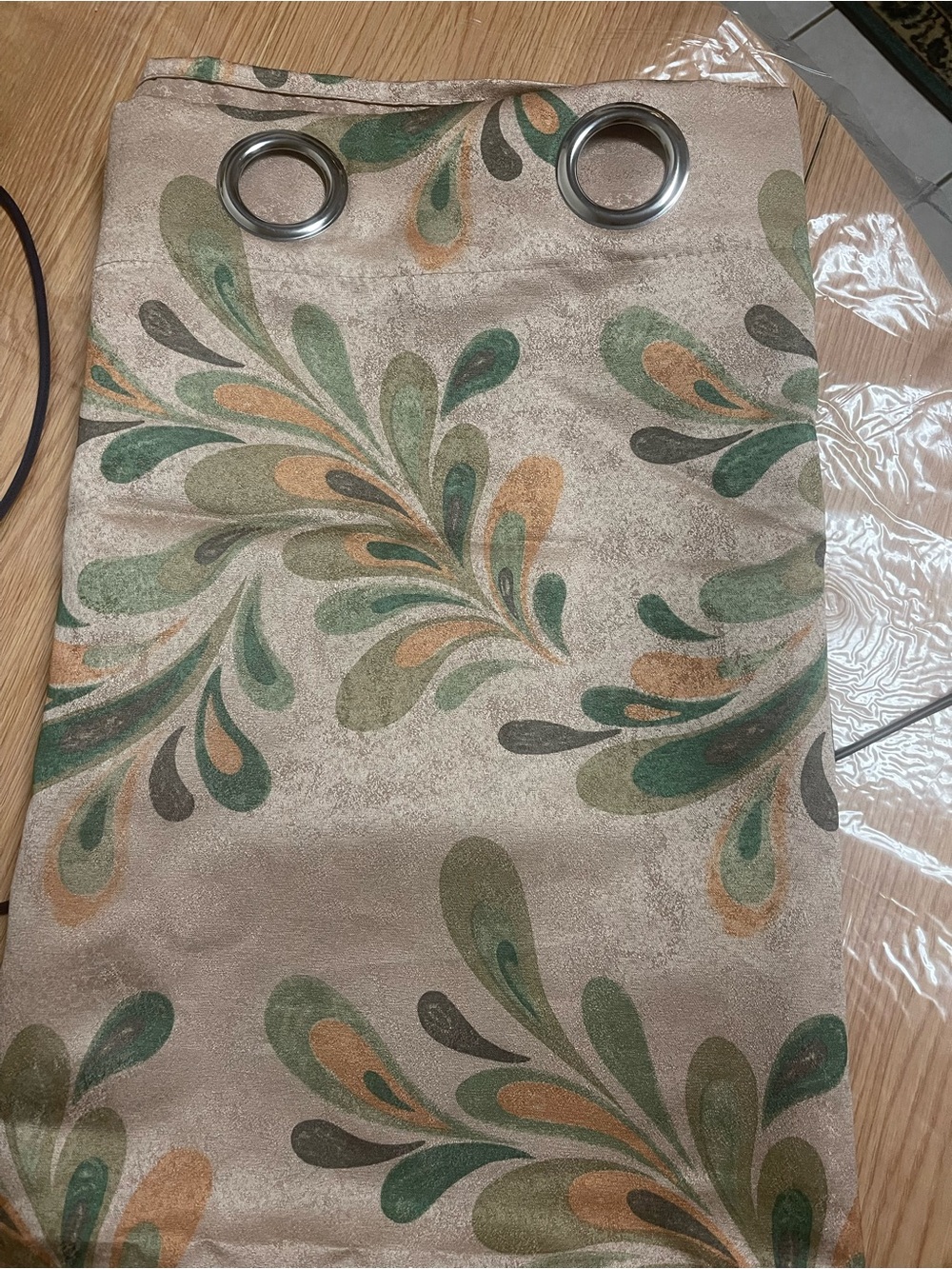 4 Pieces Decorative Grommet Curtain in Beige with Green and Tan Leaf Motif